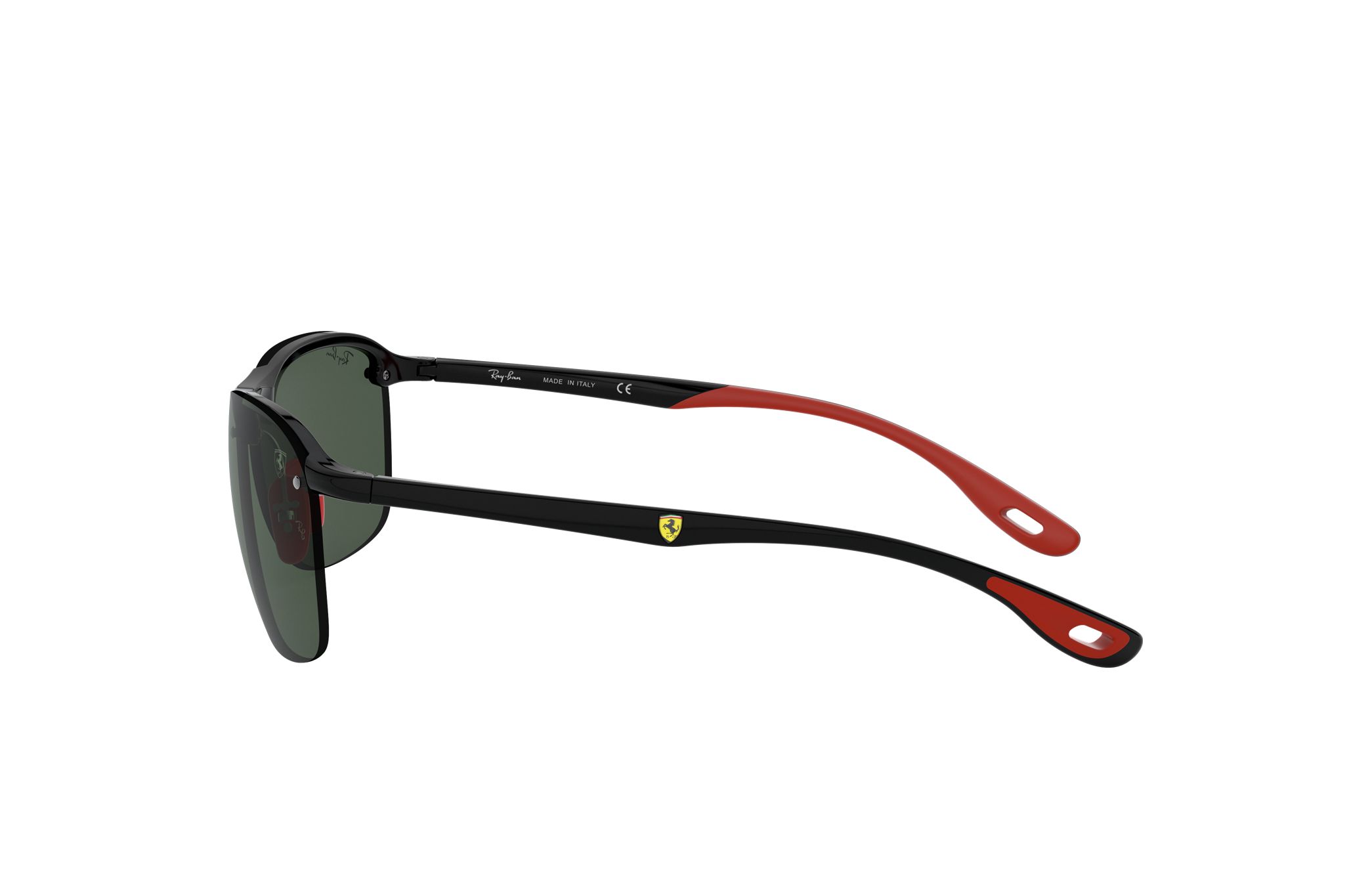 Ray-Ban RB4302-F601/71 Unisex Scuderia Ferrari Matte Black Square sunglasses with green lenses and red bridge detail.